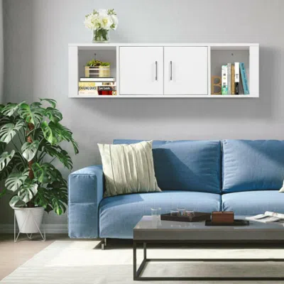 Hivvago Wall Mounted Floating 2 Door Desk Hutch Storage Shelves-white