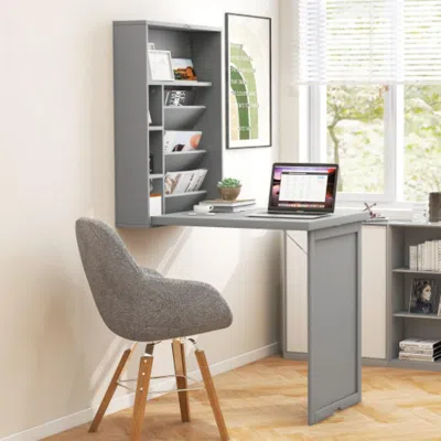 Hivvago Wall-mounted Fold-out Convertible Floating Desk Space Saver-gray