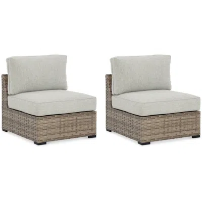 Hivvago Walter 34 Inch Outdoor Armless Chair Set Of 2, Wicker, Beige Fabric Cushion In Brown