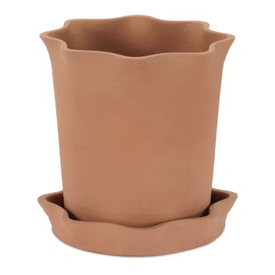 Hivvago Wavy Ceramic Planter With Saucer 7"h In Brown