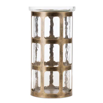 Hivvago Wavy Glass Candle Holder With Distressed Metal Frame 10"h In Brown