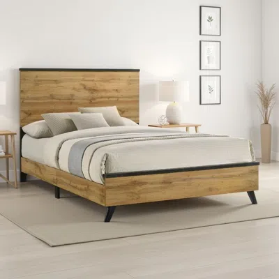 Hivvago Wemy Full Size Bed, Tall Panel Headboard, Natural Brown Pine Finish In Neutral