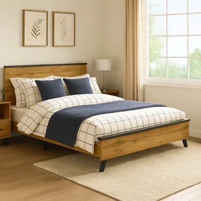 Hivvago Wemy King Size Bed, Tall Panel Headboard, Natural Brown Pine Finish In Multi