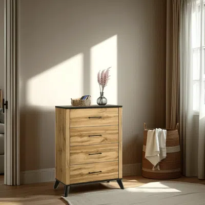 Hivvago Wemy Tall Dresser Chest, 4 Drawers, Weathered Dark Brown Pine Wood