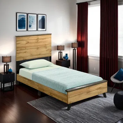 Hivvago Wemy Twin Size Bed, Tall Panel Headboard, Natural Brown Pine Finish