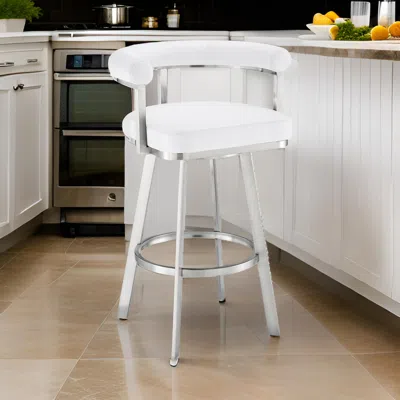 Hivvago Weni 30 Inch Swivel Barstool Chair, Barrel Open Back, White, Steel Frame