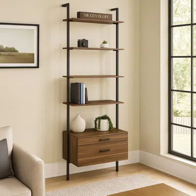 Hivvago Wens Wall Mounted Bookcase Unit, 4 Shelves, 2 Drawers, Black Brown