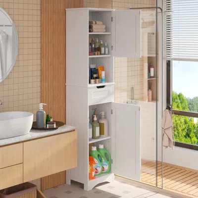 Hivvago White Bathroom Linen Cabinet Tower With 2 Doors Storage Drawer And Shelf