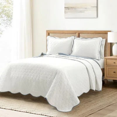 Hivvago White Blue Scalloped Edge Reversible Thin Light Quilt Set