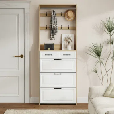 Hivvago White Brown Shoe Cabinet With 3 Doors 2 Drawers And Hanger