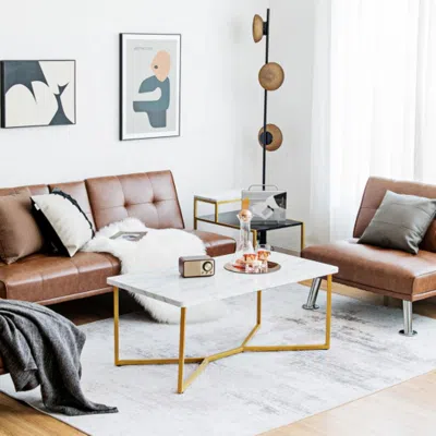 Hivvago White Faux Marble Coffee Table With Gold Finished Metal Frame