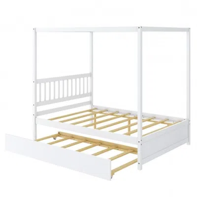 Hivvago White Full Size Canopy Platform Bed With Twin Roller Trundle Bed