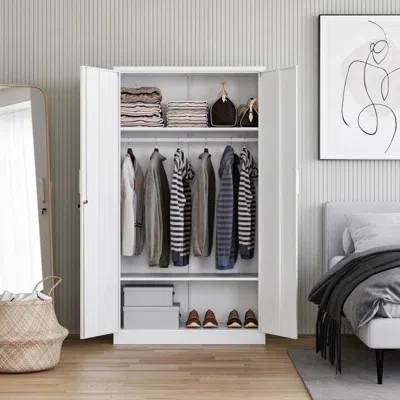 Hivvago White Metal Locking Wardrobe Armoire Cabinet With Clothing Hanging Rod