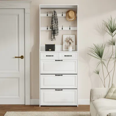 Hivvago White Shoe Cabinet With 3 Doors 2 Drawers And Hanger