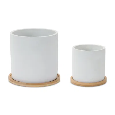 Hivvago White Stone Planter With Wood Plate (set Of 2)