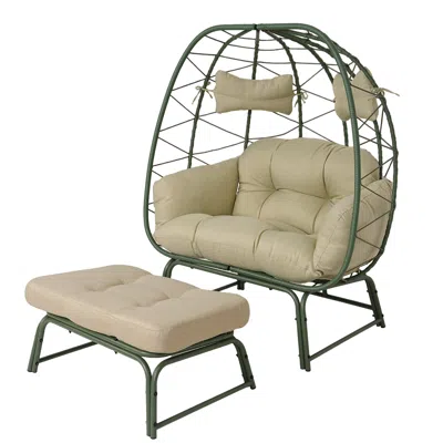 Hivvago Wicker Egg Loveseat With Cushioned Ottoman In Neutral