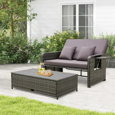 Hivvago Wicker Loveseat Sofa With Multipurpose Ottoman And Retractable Side Tray-gray In Blue