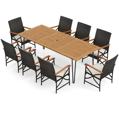 Hivvago Wicker Patio Furniture Set Of 8 Armchairs With Soft Cushions And Acacia Wood Square Table In Black