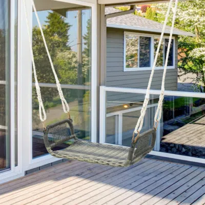 Hivvago Wicker Porch Swing Seat With Cozy Armrests In Blue