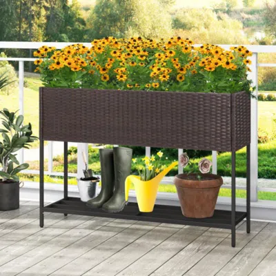 Hivvago Wicker Raised Garden Bed With Storage Shelf And Drainage Gaps For Flowers In Brown