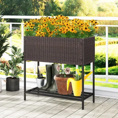 Hivvago Wicker Raised Garden Bed With Storage Shelf And Removable Liner For Flowers In Brown