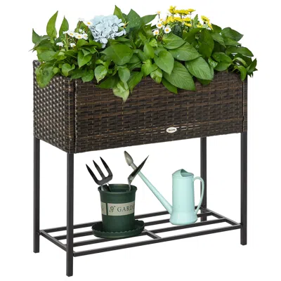 Hivvago Wicker Raised Garden Planter With Rack Shelf In Brown