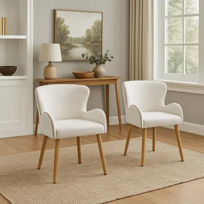 Hivvago Willy Side Chair Set Of 2, White Boucle, Soft Padding, Brown Wood Legs