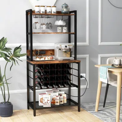 Hivvago Wine Bar Cabinet Wine Rack With 4 Tier Storage Shelves And Glass Holders-brown In Black