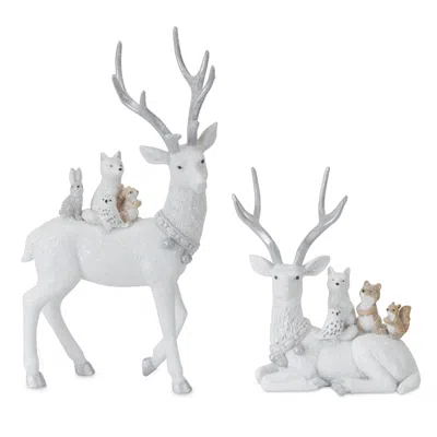Hivvago Winter Deer With Woodland Friends Figurine (set Of 2) In White