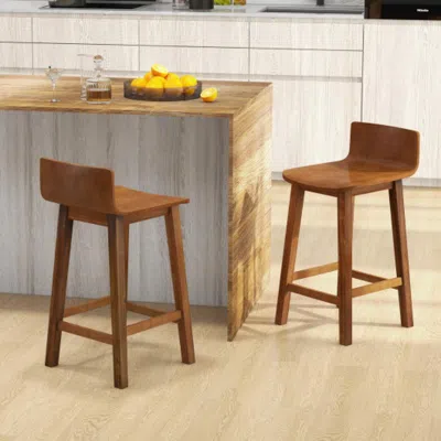 Hivvago Wood Bar Stools Set Of 2 With Solid Back And Seat In Brown