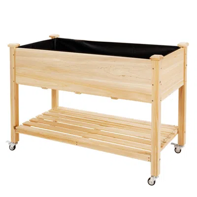 Hivvago Wood Elevated Planter Bed With Lockable Wheels Shelf And Liner In Neutral