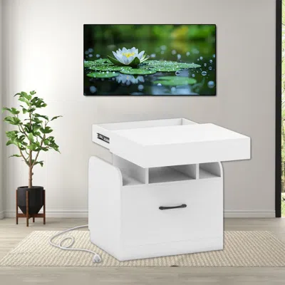 Hivvago Wood Nightstand With Power Outlets And Usb Ports For Bedroom Or Living Area In White