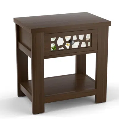 Hivvago Wood Retro End Table With Mirrored Glass Drawer And Open Storage Shelf-brown