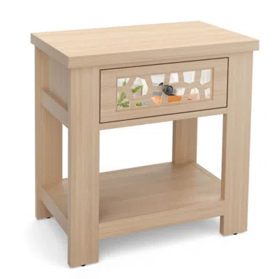 Hivvago Wood Retro End Table With Mirrored Glass Drawer And Open Storage Shelf-natural
