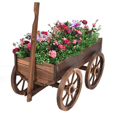 Hivvago Wood Wagon Planter Pot Stand With Wheels In Brown