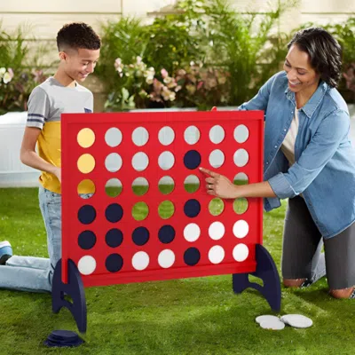 Hivvago Wooden 4-in-a-row Game Set With 42 Pcs Chips And 600d Oxford Fabric Carrying Bag-white In Red