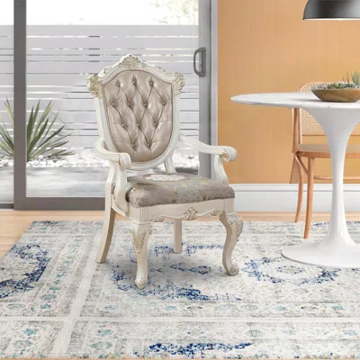 Hivvago Wooden Arm Chair With Floral Patterned Padded Seat, Set Of 2,white And Gold In Neutral