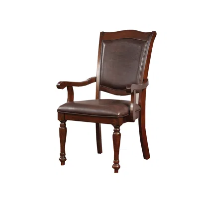 Hivvago Wooden Arm Chair With Leather Upholstery, Cherry Brown, Set Of 2