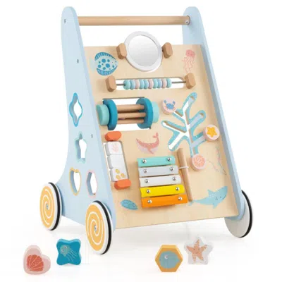 Hivvago Wooden Baby Walker Push And Pull Learning Activity Center With Wheels-blue