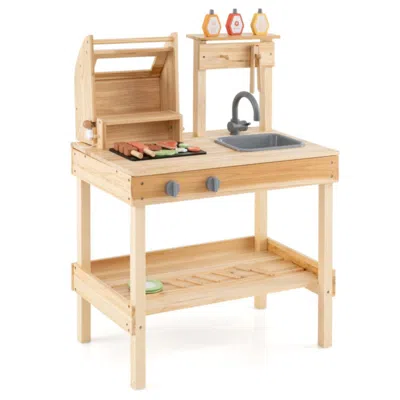 Hivvago Wooden Barbecue Grill Playset With Play Food And Open Shelves-natural In Brown