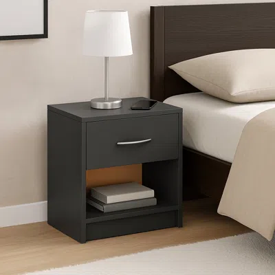 Hivvago Wooden Bedside Unit With Shelf And Storage Drawer In Black