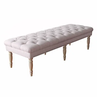 Hivvago Wooden Bench With Button Tufted Fabric Upholstered Seat And Turned Legs, Cream In White