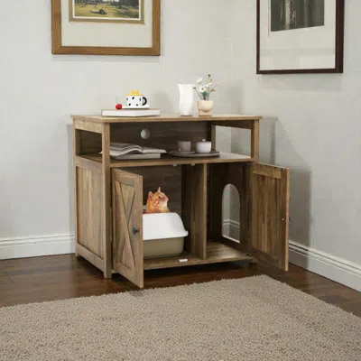 Hivvago Wooden Cat Litter Box Cabinet With Barn Doors, Divider Panel, And Side Entry Design In Brown