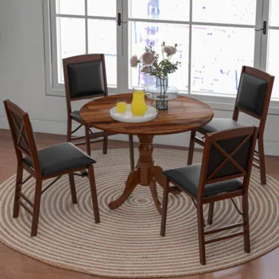 Hivvago Wooden Dining Table With Round Tabletop And Curved Trestle Legs-walnut
