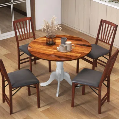 Hivvago Wooden Dining Table With Round Tabletop And Curved Trestle Legs-walnut & White