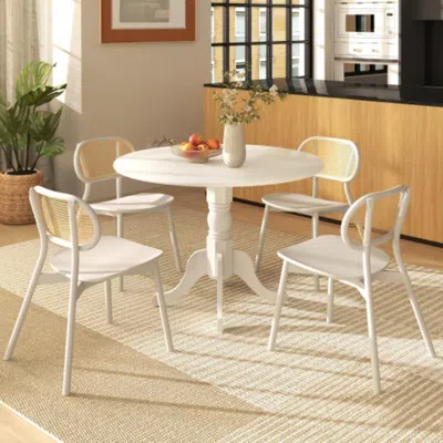 Hivvago Wooden Dining Table With Round Tabletop And Curved Trestle Legs-white