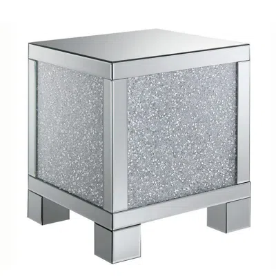 Hivvago Wooden End Table With Infused Crystals On Mirrored Panel, Silver And Clear In Gray