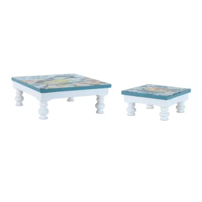 Hivvago Wooden Floral Bird Pedestal Tray (set Of 2) In Multi