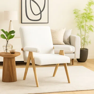 Hivvago Wooden Frame Lounge Chair With Soft Arm Padding In White