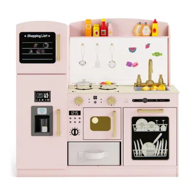 Hivvago Wooden Kids Kitchen Playset With Chalkboard Ice Maker Sink Lighted Microwave